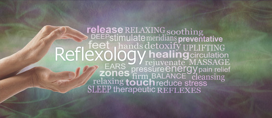 Reflexology Descriptive Word Tag Cloud Banner - female cupped hands with the word REFLEXOLOGY floating between surrounded by a relevant word tag cloud on a rustic multi coloured background
