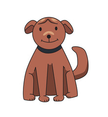 Brown dog sitting, front view. Funny smiling dog cartoon character. Flat vector illustration. Isolated on white background.