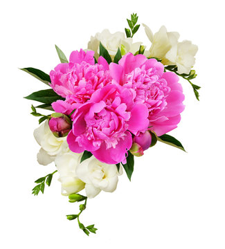 Fototapeta White freesia flowers and pink peonies in a beautiful composition