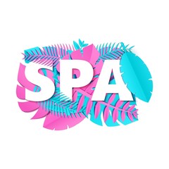 Word SPA composition with pink blue jungle leaves on white background in paper cut style. Tropical craft leaf and letters for design poster, banner, flyer T-shirt printing. Vector card illustration.