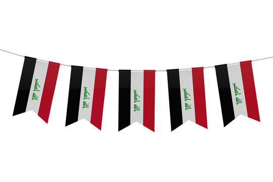 Iraq national flag festive bunting against a plain white background. 3D Rendering