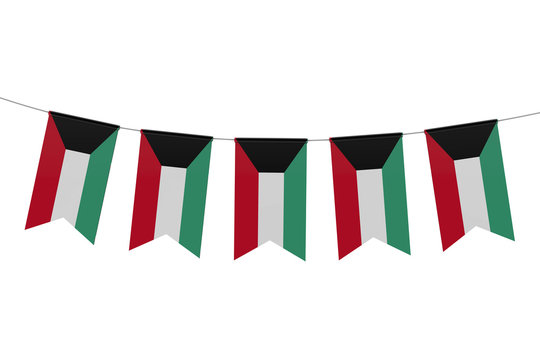 Kuwait national flag festive bunting against a plain white background. 3D Rendering