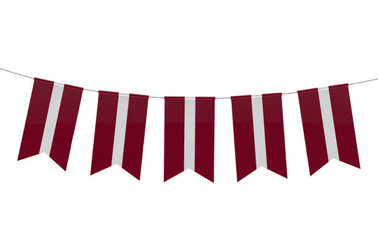 Latvia national flag festive bunting against a plain white background. 3D Rendering