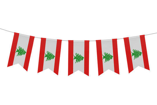 Lebanon national flag festive bunting against a plain white background. 3D Rendering