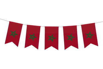 Morocco national flag festive bunting against a plain white background. 3D Rendering