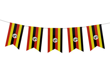 Uganda national flag festive bunting against a plain white background. 3D Rendering