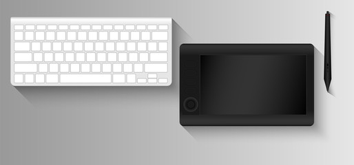 Top view mockup of graphic designer workplace, Keyboard, Graphic tablet, Vector design