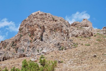 The remains of the medieval Crusader Knights castle above Megalo Chorio on the Greek island of Tilos.