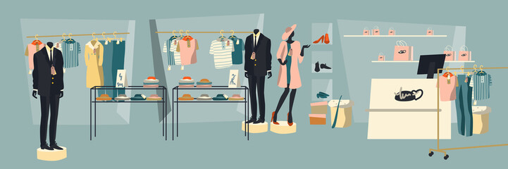 Shopping people. Interior of a clothing store with mannequins and shop windows. Illustration in flat style.