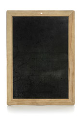 Scratched and stained vintage chalkboard isolated on white background