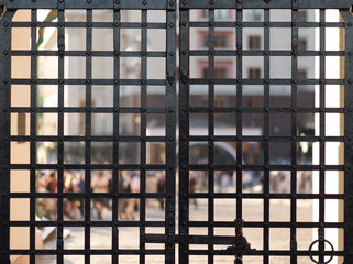 Resurrection Gate on Red Square in Moscow in the early morning. Metal fence gate