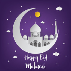 Naklejka premium Happy Eid Mubarak Background with Half Moon and Mosque vector Illustration. Happy Eid Mubarak Greeting Card. Paper Art and Craft Style. Mosque Vector Illustration. Mosque. Islamic Background.