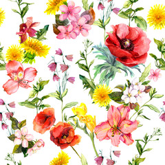 Meadow flowers, summer grasses and plants. Repeating summer pattern. Watercolor