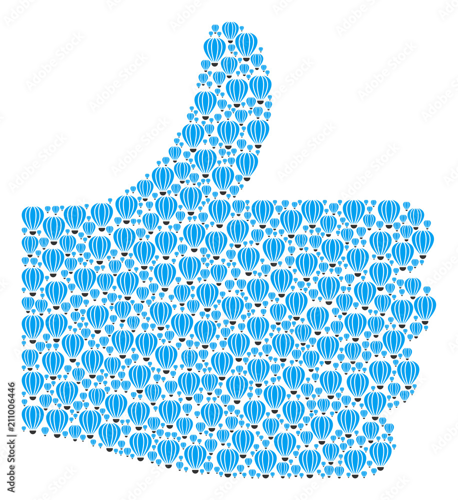 Poster validate mosaic composed from aerostat pictograms in different sizes. abstract vector thumb finger u