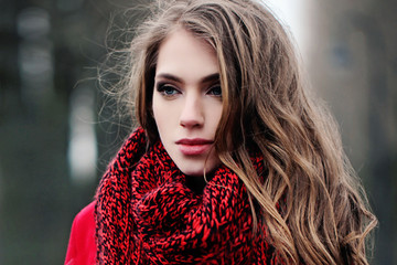 Young woman face, outdoors portrait