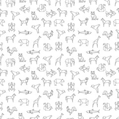 Line animals, bird and fishes seamless pattern