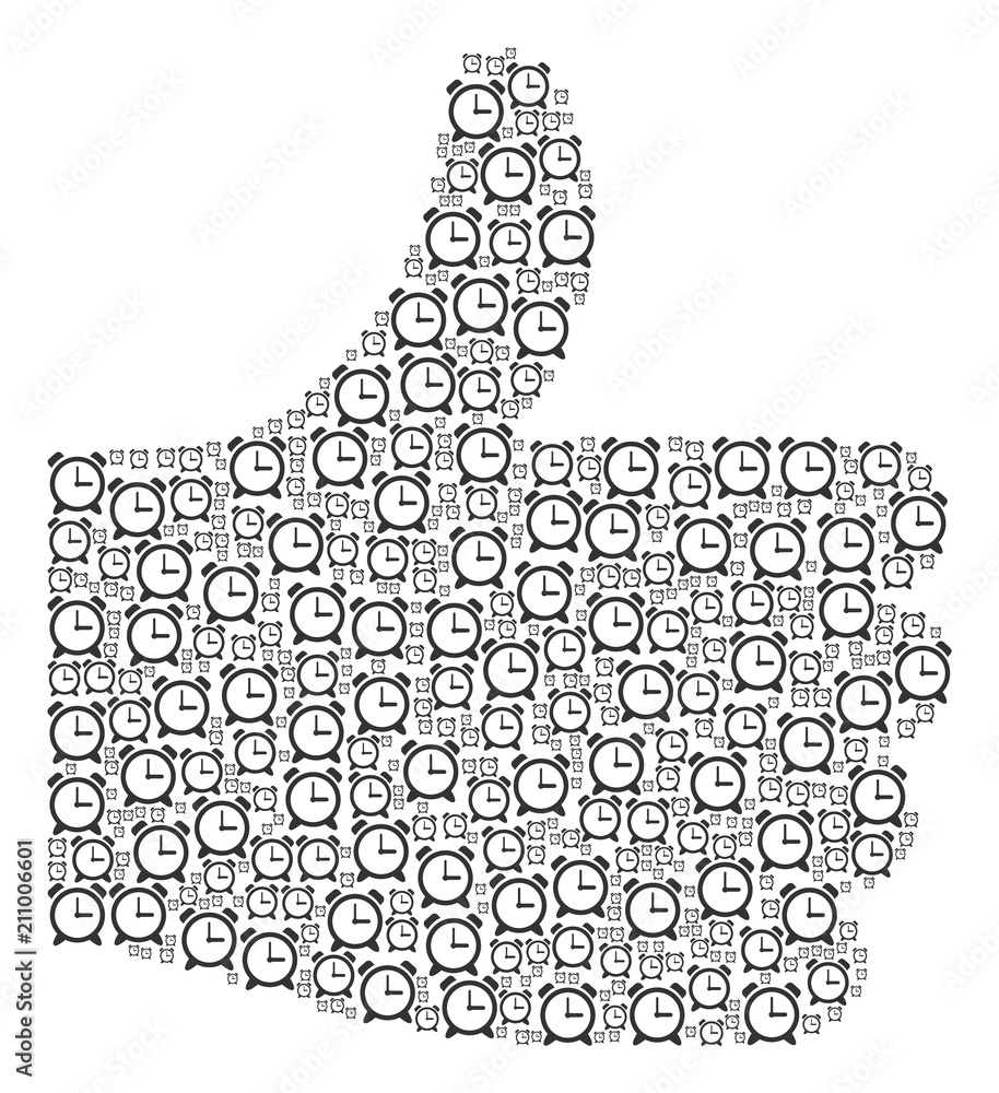 Aufkleber ok figure composed of alarm clock icons in various sizes. abstract vector thumb finger up illustrati