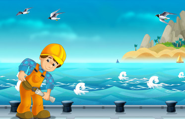 cartoon scene with worker on some harbor doing some work - illustration for children 