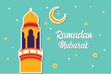 Ramadan Mubarak Greeting Card design with tower mosque, half moon, and star vector Illustration. Ramadan Mubarak Greeting Card Background. Tower Mosque Vector Illustration. Flat illustration.