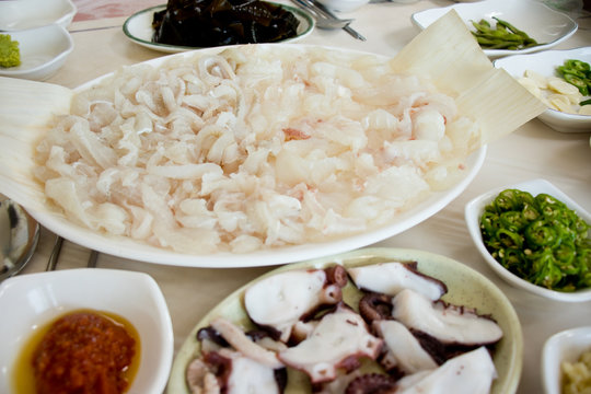 Fresh slices of raw fish(sashimi) in Busan, Korea.