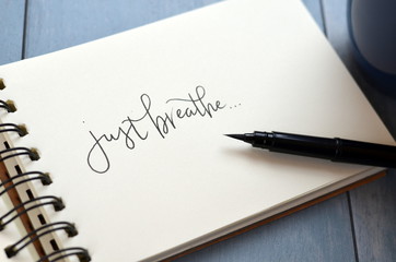 JUST BREATHE hand-lettered in notebook