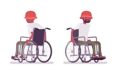 Male black young wheelchair user moving manual chair