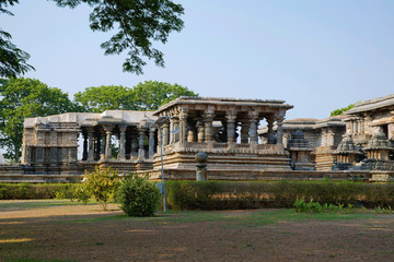Fototapeta na wymiar General view of Hoysaleshvara Temple, Halebid, Karnataka. View from North East. Large Nandi mandapas are clearly seen.