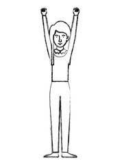 young woman celebrating with hands up character vector illustration design