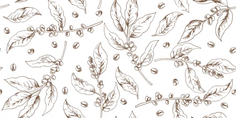 Stickers pour porte Café Modèle sans couture botanique avec des branches et des grains de café