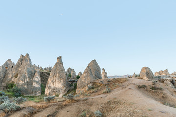 beautiful scenic landscape with bizarre rock formations in cappadocia, turkey