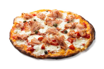Pizza with prosciutto cotto ham, mozzarella, tomato sauce, capers and oregano 