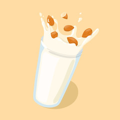 Homemade Almond Milk splash in a glass with whole almonds vector icon. Healthy eating cartoon illustration isolated