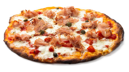 Pizza with prosciutto cotto ham, mozzarella, tomato sauce, capers and oregano 