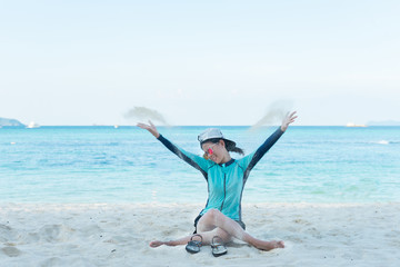Beautiful woman funny on the beach. Lipe island Thailand.