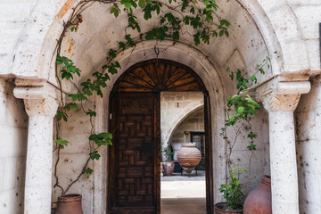 Fototapeta na wymiar open door and old building with green ivy leaves in cappadocia, turkey