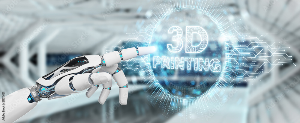 Fototapete Robot white hand using 3D printing digital hologram 3D rendering