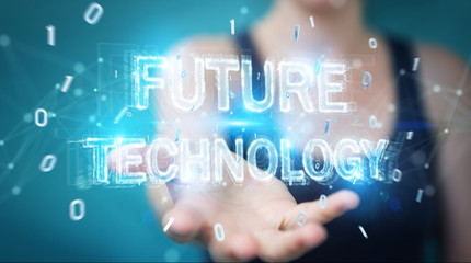 Businesswoman using future technology text interface 3D rendering