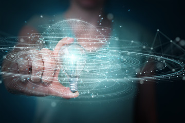 Businesswoman holding a lighbulb with connections in her hand 3D rendering