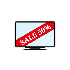 Smart Tv with sale banners on screen. Electronic gadgets. Vector illustration.