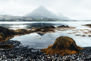 Typical Iceland landscape with fjord, mountains and old ship