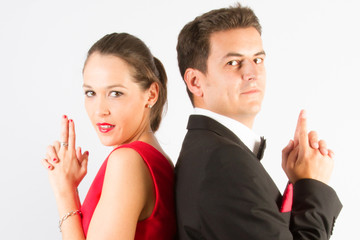 portrait cheerful couple poses as for a movie poster