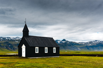Black wooden church Budakirkja at Snaefellsnes, western Iceland, Europe.