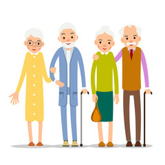 Couple older people. Two aged people stand. Elderly man and woman stand together and hug each other. Illustration isolated on white background in flat style