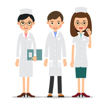 Doctors. Doctor man and woman in uniform. Cartoon illustration isolated on white background in flat style. Full length portrait of doctor, nurse or medical assistant