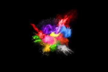 Multicolor powder explosion on black background. 