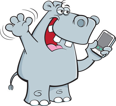 Cartoon illustration of a rhinoceros holding a cell phone.