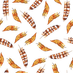 Seamless pattern with fluffy brown feathers on white background. Hand drawn watercolor illustration.