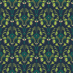 Emerald green damask flower seamless vector pattern. Deep green floral decor element wallpaper.