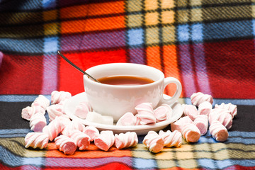 Autumn drink concept. Mug with hot black tea and marshmallows on checkered plaid. Tea party with sweets. Mug filled with black brewed tea and spoon on colorful cozy plaid background