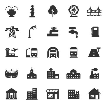 infrastructure and city elements, monochrome icons set.